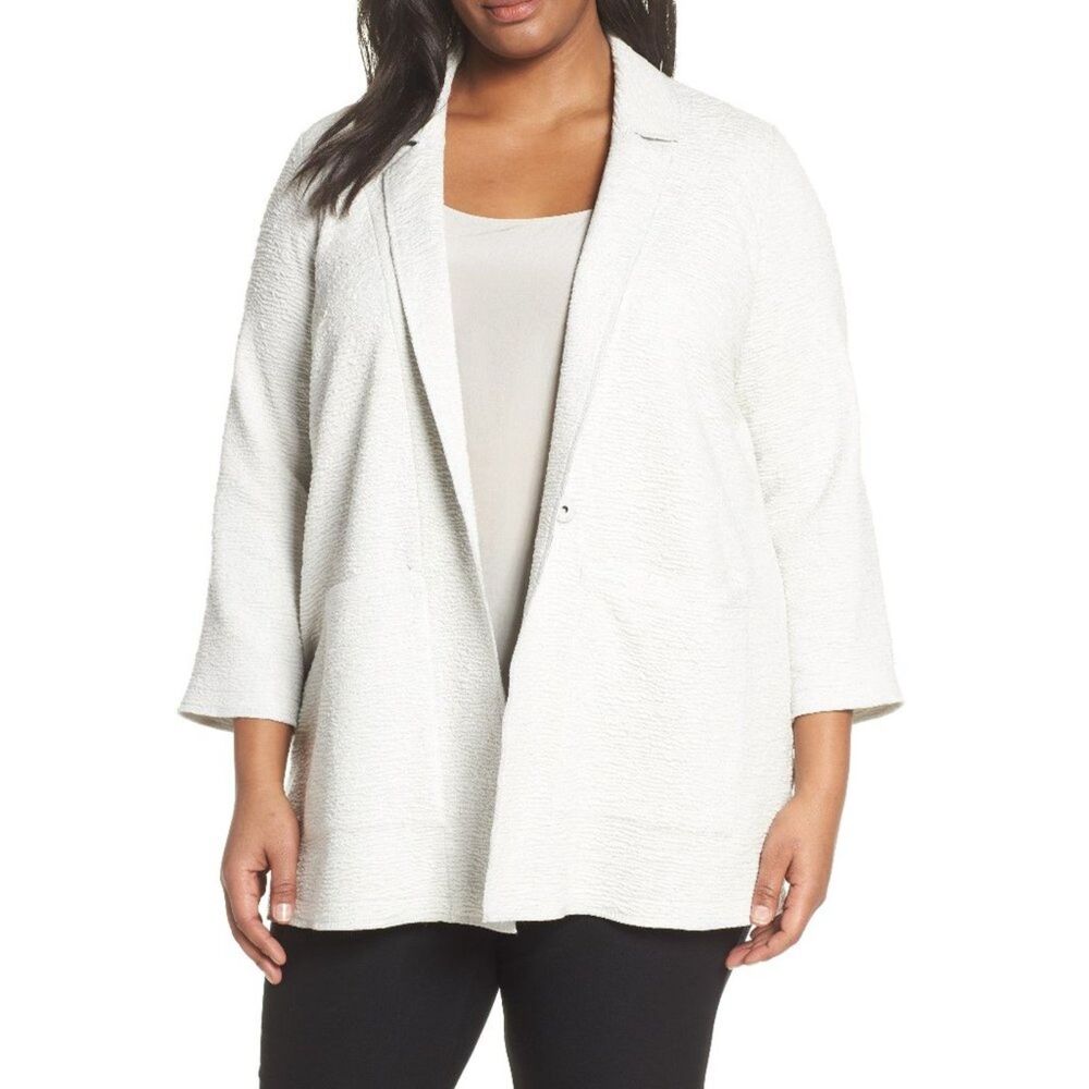 Eileen Fisher Tencel Jacquard Knit Notch Collar Jacket - Light Gray XL